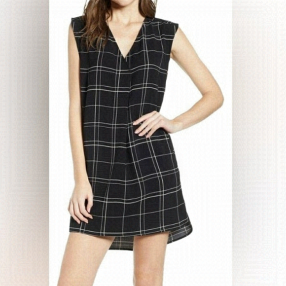 Leith Everyday Shift Dress Window Pane Plaid Pockets Sleeveless Black White S - Picture 1 of 10